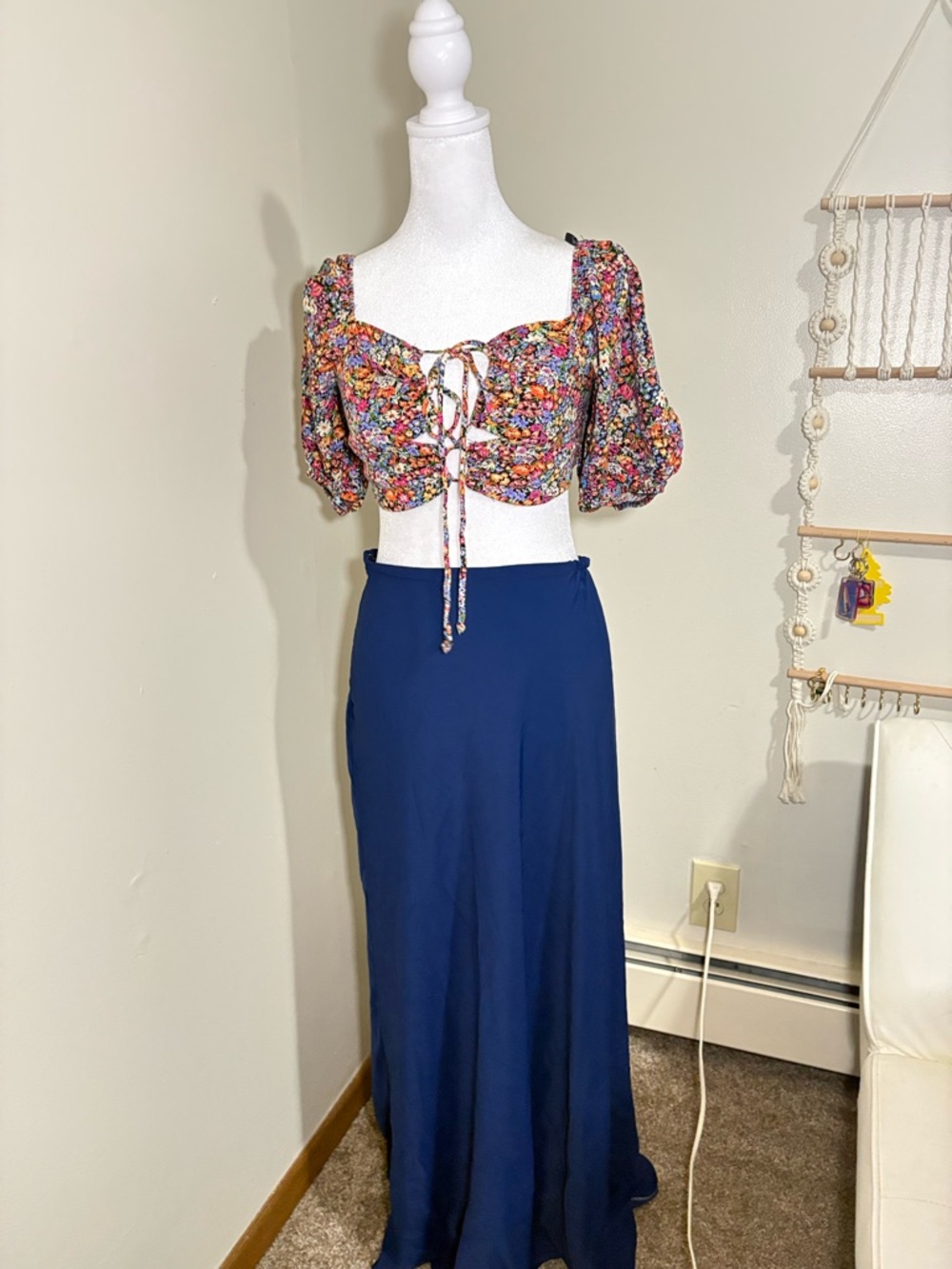 Navy Maxi Skirt - Women's Flowing Full-Length Skirt